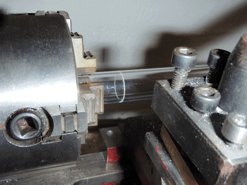 18mm tubing, scored, in lathe