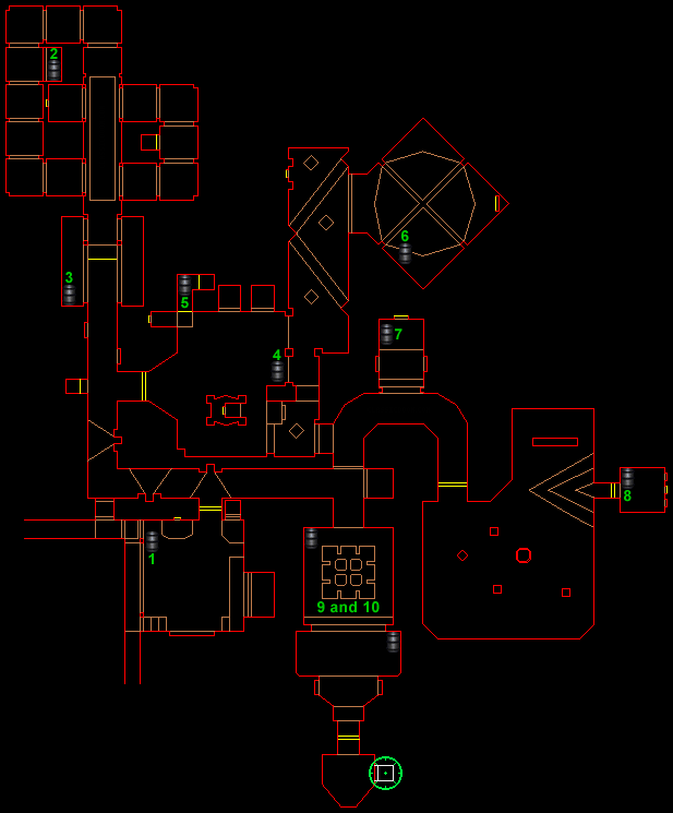 Barrel locations and secret exit in Doom 64 level 1, STAGING AREA